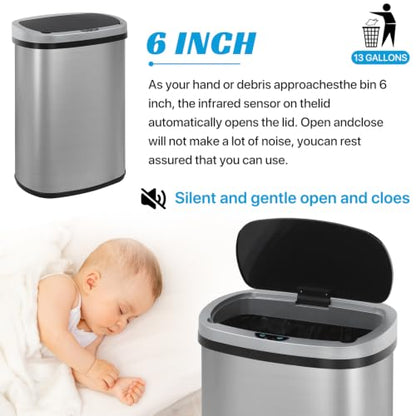 Kitchen Trash Can | Stainless Steel 13 Gallon Trash Can | 50L Touch Free Garbage Can with Lid | Electronic Sensor High Capacity Trash Bin for Bathroom Kitchen Office, Silver - color: Silver