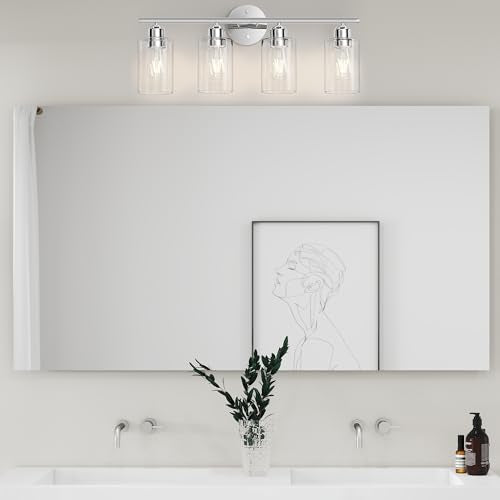 Bathroom Vanity Light Fixtures Polished Chrome,4 Lights Rustic Farmhouse Vanity Bar Lighting Over Mirror Modern Industrial Wall Sconces Lamp with Cylinder Glass Shade - color: Polished Chrome, size: 4 Lights