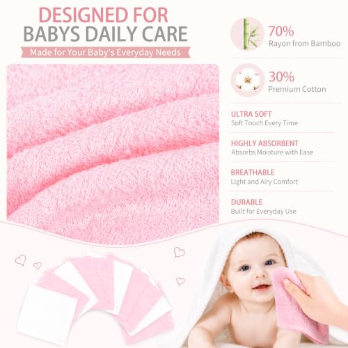 Baby Washcloths 10 Pack Rayon from Bamboo Ultra Soft Absorbent Terry Wash Cloth 10" x 10" Bath Towels for Face Burp Wipes Reusable Lightweight Newborn Essentials Shower Gift Set - color: Pink