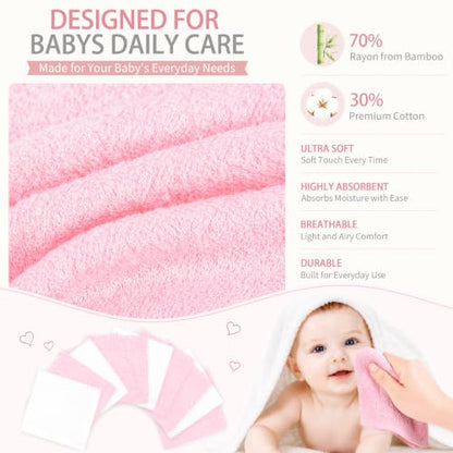 Baby Washcloths 10 Pack Rayon from Bamboo Ultra Soft Absorbent Terry Wash Cloth 10" x 10" Bath Towels for Face Burp Wipes Reusable Lightweight Newborn Essentials Shower Gift Set - color: Pink