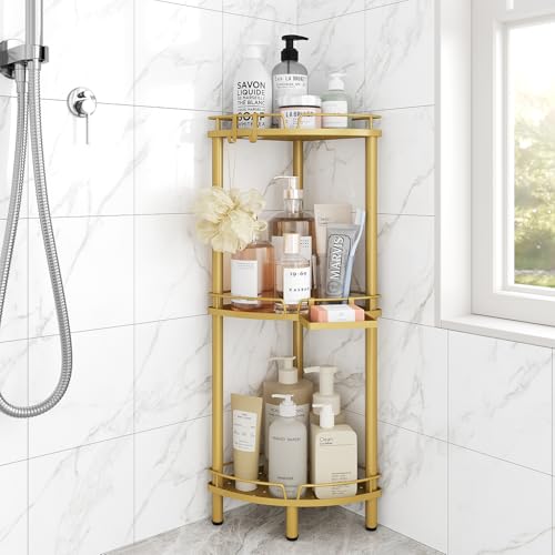 ELYKEN Corner Shower Caddy Standing, 3 Tier Metal Shower Organizer, Gold | Stainless Steel Shower Shelves with Soap Holder, Adjustable Feet & 2 Hooks for Storing Bath Essentials in Bathroom corner - color: Gold, size: 3 Tier