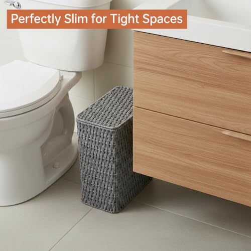 Coeusy 3 Gallon Paper Rope Bathroom Trash Can,Small Wicker Trash Cans with Lid and Liner,Woven Rattan Narrow Waste Basket for Bedroom,Office,Grey - color: Grey