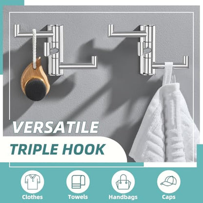 Foldable Wall Hooks with 3 Swivel Arms, 2 Pack, Polished Chrome | 304 Stainless Steel Swivel Towel Hooks, Heavy Duty 11 lbs, Bathroom, Kitchen Use, Space-saving Towel Storage, Wall Mounted - color: Polished Chrome, size: 2 Pack