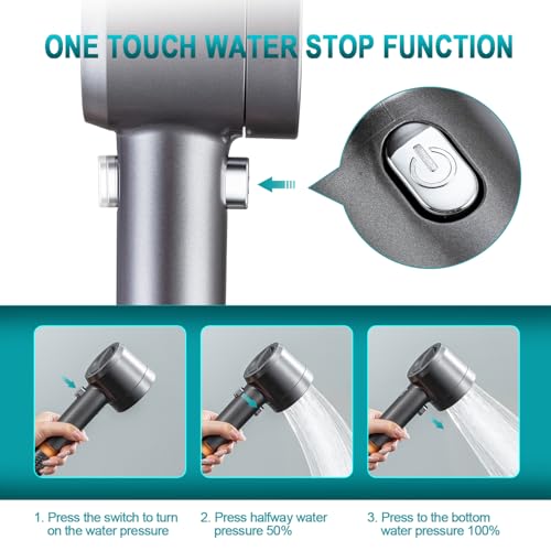 Shower Head with Handheld, High Pressure Shower HeadS with Pause Switch 4 Spray Modes Filter Showerhead with 79 in Hose, Adhesive Wall Mount，Bracket and Replace Filter (Grey)