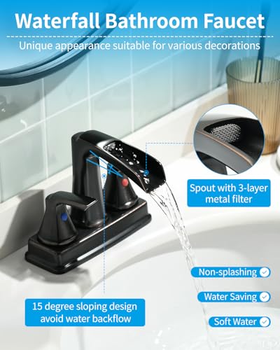 Fapully Oil Rubbed Bronze Bathroom Faucet, Waterfall 4 Inch Centerset | Mudroom Faucet, Lead-Free Brass, Faucet for Bathroom Sink with Pop-up Drain, Bathroom Sink Faucet - color: Oil Rubbed Bronze