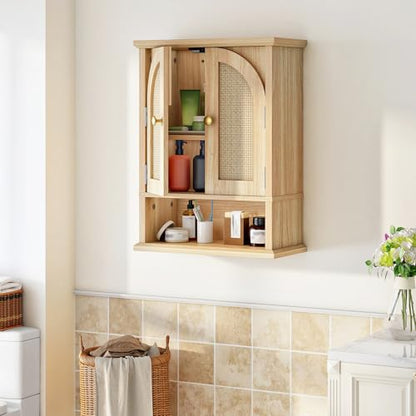 HOOBRO Arched Rattan Wall Cabinet for Bathroom, Over Toilet Storage Cabinet with Doors and Open Shelf, Farmhouse Medicine Cabinet with Adjustable Shelf for Bathroom Kitchen, Natural