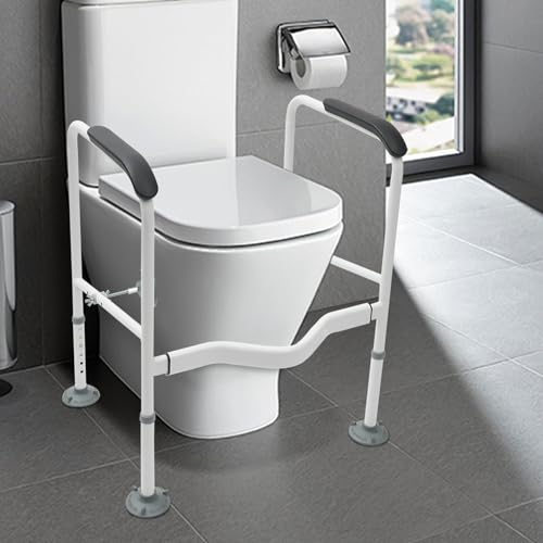 Toilet Rails for Bathroom, Stand Alone Toilet Handrail Frame with Adjustable Height, Medical Frame for Elderly Handicap, 300lbs Capacity Toilet Support Rail with Padded Handles