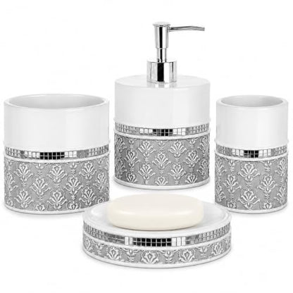 Creative Scents Mirror Damask 4 Piece Resin Bathroom Accessories Set | Includes Soap Dispenser, Toothbrush Holder, Tumbler Cup & Soap Dish - color: 4 Piece Set
