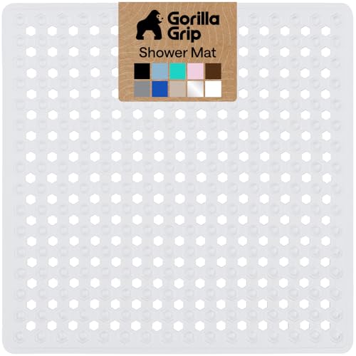 GORILLA GRIP Patented Square Shower Stall Mat, Small Bathtub Floor Mats for Stand Up Showers with Suction Cups and Drainage Holes, Machine Wash, Soft on Feet, Bathroom Accessories 21x21 Inch, White - color: White (Opaque), size: 21" x 21" (Square)