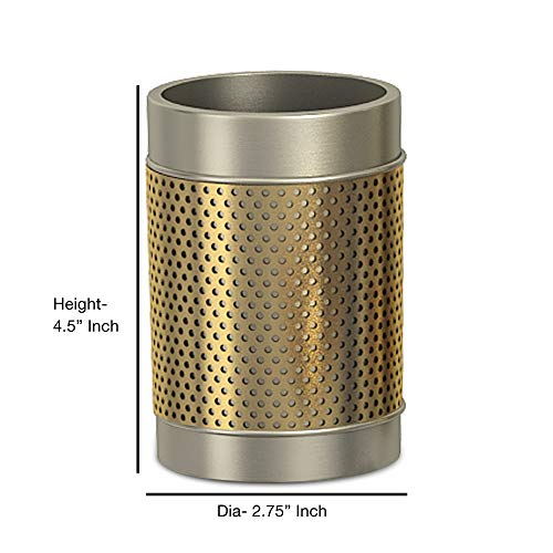 nu steel Selma Decorative Steel Tumbler Cup for Bathroom Vanity Countertops for Rinsing, Drinking, Storing Dental Accessories and Organizing Makeup Brushes, Eye Liners - Pewter & Gold Finish