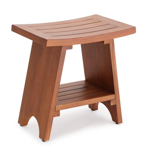 EROMMY Teak Shower Bench with Storage Shelf, 18.3" H Solid Wood Shower Stool, Water Resistant Bathroom Bench, Shower Seat and Shaving Foot Rest for Indoor & Outdoor Use - size: 18"