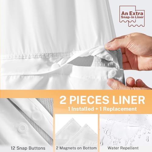River Dream No Hooks Shower Curtain with 2 Snap in Liner, Light Grey, 71x74 | Waffle Weave, 1 Attached Snap in Liner and 1 Extra Replacement Liner, Bathroom Curtains Shower Set, Hotel Grade, Spa Like - color: Light Grey