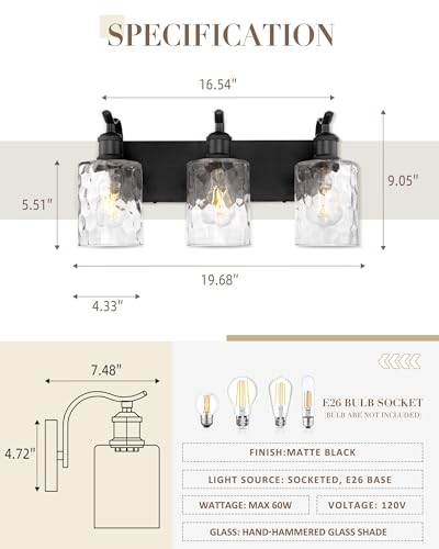 Bathroom Vanity Light Fixtures Over Mirror 3-Light Hammered Glass Wall Mounted Modern Black - VL01BKH-3 - color: Black & Hammered Glass, size: 3 LIGHT