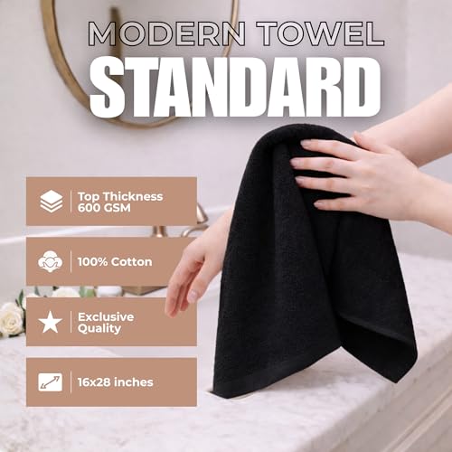 Set of 6 Luxurious Hand Towels for Bathroom, 16x28 inches, 100% Cotton, Ultra-Soft, Absorbent & Durable, 600GSM Bathroom Hand Towel - Ideal for Gym, Bath, Spa Use (Black, 6 Pack) - color: Black