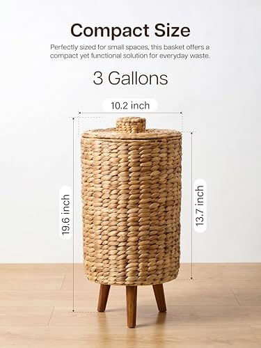 Tidita 3-Gallon Wicker Trash Can with Lid, Wooden Legs, Removable Liner | Removable Wooden Legs, Plastic Liner Included, Space-saving, 3-Gallon Capacity, with Removable Lid, Assembly Required - size: 3 Gallons