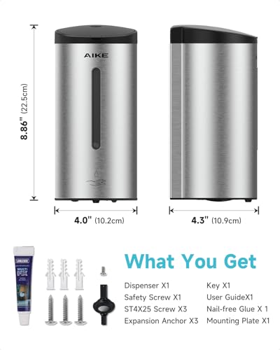 AIKE Automatic Liquid Soap Dispenser,25oz Capacity for Bathroom,Brushed | No-Drill and Screw Wall Mount Install Design for Space-Saving,4*AA batteries(Not Included) Ensure Long Standby,Model AK1205E - color: Brushed Stainless Steel