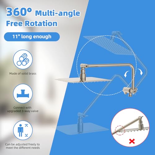 8" Metal Rainfall Shower Head with 10-Mode Handheld, Brushed Nickel | NSF/ANSI/CAN 372 Certified, High Pressure Showerhead Combo with 11" Adjustable Shower Arm, 71" Hose, Shower Head Holder - color: Brushed Nickel, style: Square 8"