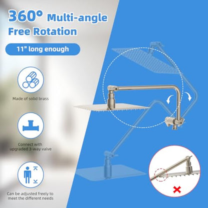 8" Metal Rainfall Shower Head with 10-Mode Handheld, Brushed Nickel | NSF/ANSI/CAN 372 Certified, High Pressure Showerhead Combo with 11" Adjustable Shower Arm, 71" Hose, Shower Head Holder - color: Brushed Nickel, style: Square 8"