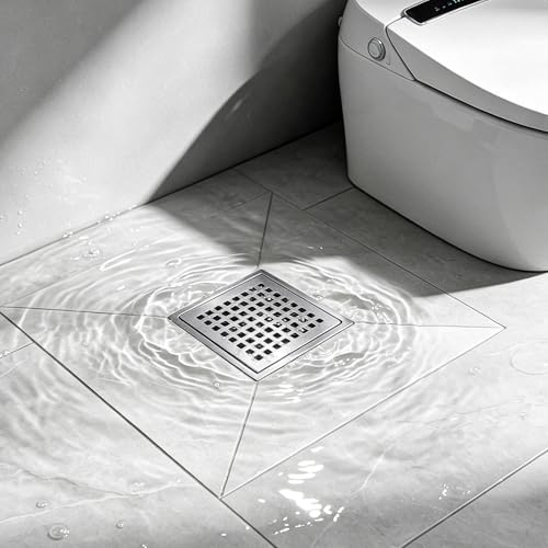 Square Shower Floor Drain, Matte Black Finish, Grid Pattern Strainer Cover (Brushed, Grate) - color: Brushed