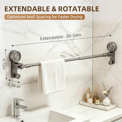 Adjustable Suction Cup Towel Bar, Grey, 20-34", 1-Tier | Extendable Carbon Steel Towel Racks, Space Saving, Bath Towel Holder with Hooks, No-Drill Mounted, For Bathroom Wall
