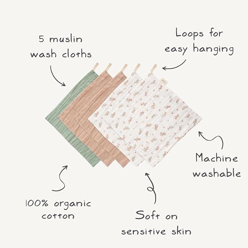 mushie Muslin Organic Cotton Washcloths 5-Pack (Blue Check Combo) | Soft Wipes for Baby Cleanups and Bathing - color: Blue Check Combo