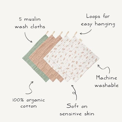 mushie Muslin Organic Cotton Washcloths 5-Pack (Pastel Blooms Combo) | Soft Wipes for Baby Cleanups and Bathing - color: Pastel Blooms Combo