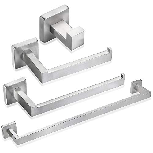 Rustproof 4-Piece Black Bathroom Hardware Set Including Towel Bar Toilet Paper Holder Towel Holder Robe Hook SUS304 Stainless Steel Wall Mount Contemporary Square Style Accessory, - color: Brushed Nickel