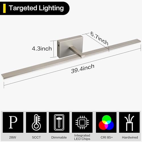 40 Inch Bathroom Vanity Lights Over Mirror Brushed Nickel Arm Over Cabinet Wide LED Bar 5CCT 2900K 6000K High Lumen IP44 - color: Brushed Nickel- 5CCT& Dimmable, size: 40-inch