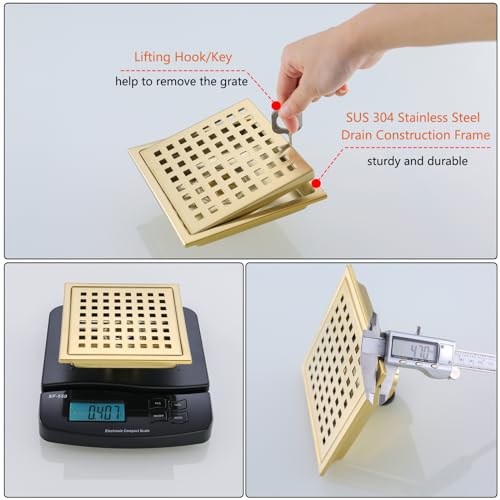 6 Inch Square Shower Floor Drain Brushed Brass with Flange,SUS304 Stainless Steel Gold Shower Drain Cover with Quadrato Pattern Grate Removable Hair Strainer,98738BG6-S. - color: Brushed Gold（set）