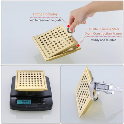 6 Inch Square Shower Floor Drain with Removable Cover Grid Grate,SUS304 Stainless Steel Brushed Gold Brass Finished,98738BG6. - color: Brushed Gold