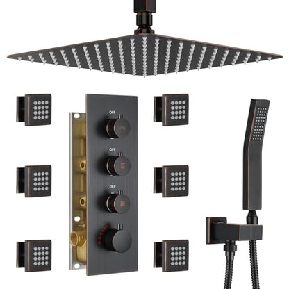 Thermostatic Shower System with 6 Body Jets & 16-Inch Ceiling Rainfall Shower Head, Oil Rubbed Bronze Luxury Full Body Shower Faucet with Handheld Sprayer, Shower Fixtures Set with Valve - color: Oil Rubbed Bronze