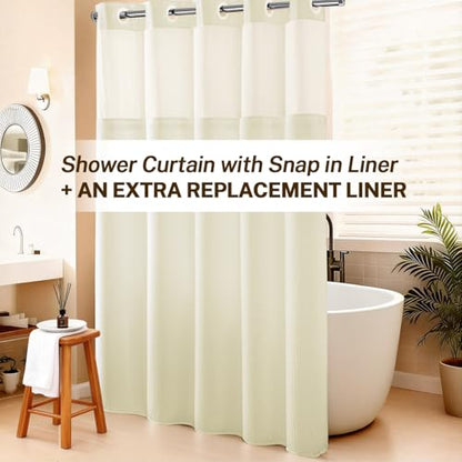 River Dream No Hooks Shower Curtain with 2 Snap in Liner, Cream, 71Wx74H | Waffle Weave, 1 Attached Snap in Liner and 1 Extra Replacement Liner, Bathroom Curtains Shower Set, Hotel Grade, Spa Like - color: Cream