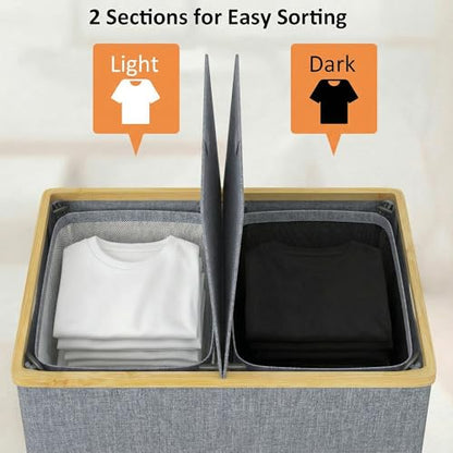 efluky Laundry Hamper with Lid, Double Laundry Basket with 2 Removable Bags, 2 Section Laundry Bin with Bamboo Handles for Bathroom, Bedroom & Laundry Room, 140L (36.9 Gallon) Blue Grey - color: Blue Grey, size: 140L Dual