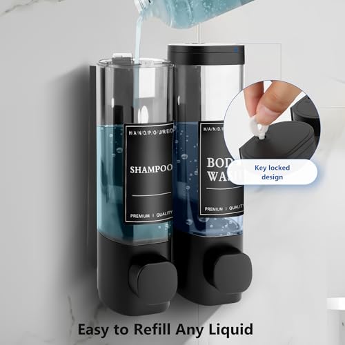 Shampoo and Conditioner Dispenser, 2 Chamber 300ml, Wall Mounted, Black | Shower Soap Dispenser, Refillable Hand Soap Dispensers, Body Wash Dispenser for Bathroom, Kitchen, Hotel, Home - color: Black, size: 2 Chamber