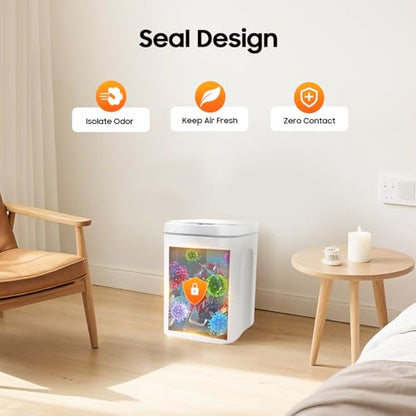 Touchless Trash Can 4 Gallon, Motion Sensor Automatic Trash Can with LED Light, IPX5 Waterproof Smart Waste Bin for Kitchen Bathroom Bedroom, White Rectangular Garbage Can, 8.66x7.87Inch