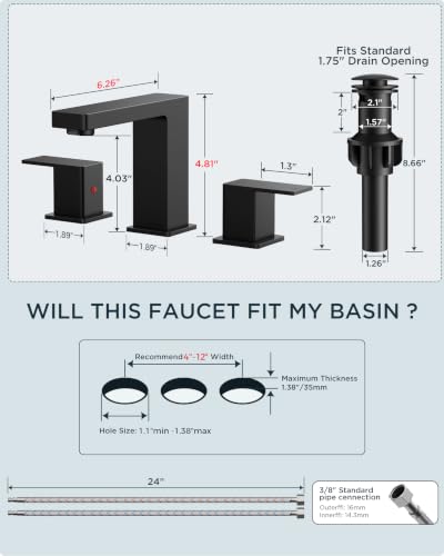 FORIOUS Black Bathroom Faucet 3 Hole, Matte Black Bathroom Sink Faucet Wide | 8 Inch Widespread Faucet for Bathroom Sink, 2 Handle Commercial Restroom Sink Faucet Vanity 3 Holes with Water Saving Aerator - color: Matte Black, style: Modern