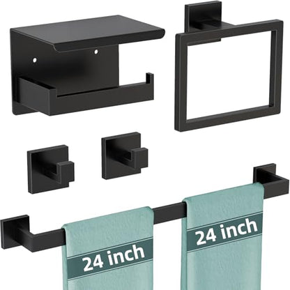 5-Pieces Matte Black Bathroom Hardware Accessories Set, 24 Inch Stainless Steel Towel Racks for Bathroom, Towel Bar Set Towel Ring Coat Hook and Toilet Paper Holder with Shelf Wall Mounted - color: Black