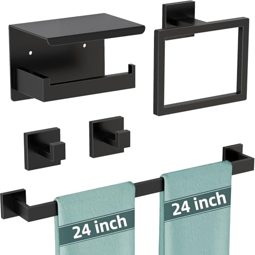 5-Pieces Matte Black Bathroom Hardware Accessories Set, 24 Inch Stainless Steel Towel Racks for Bathroom, Towel Bar Set Towel Ring Coat Hook and Toilet Paper Holder with Shelf Wall Mounted - color: Black