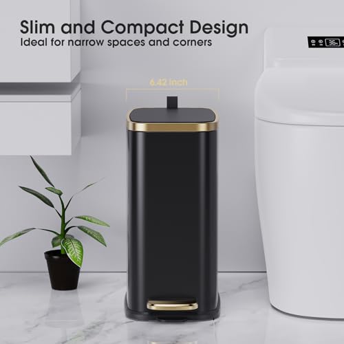 CEROELDA Small Bathroom Trash Can with Lid Soft Close-5L/1.3 Gal Slim Garbage Can-Metal Step Wastebasket-Rectangle Narrow Waste Bin for Office, Bedroom, Toilet, Live Room (Black) - color: Black, size: 1.3 Gallon