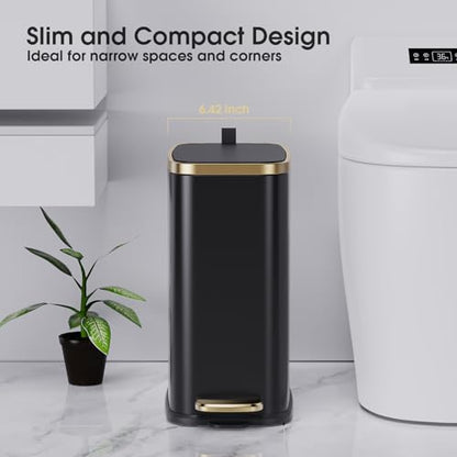 CEROELDA Small Bathroom Trash Can with Lid Soft Close-5L/1.3 Gal Slim Garbage Can-Metal Step Wastebasket-Rectangle Narrow Waste Bin for Office, Bedroom, Toilet, Live Room (Black) - color: Black, size: 1.3 Gallon