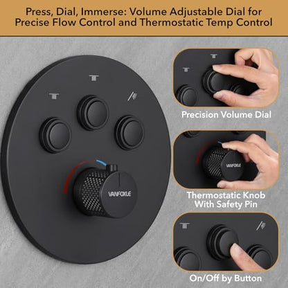 VANFOXLE Thermostatic Shower Faucet Set Matte Black Shower System | Push Button Diverter, 12 Inch Ceiling Mount Rain Head Increased Thick, 6 Inch Side Head, 2-in-1 Handheld Sprayer, Modern - color: Matte Black, style: 12 Inch