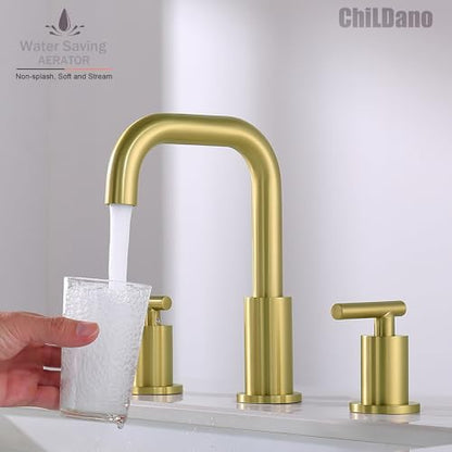ChiLDano Brushed Gold Bathroom Faucets 3 Hole with Drain and Supply Hose | 2 Handles Brushed Gold Widespread Bathroom Faucet for Sink 3 Hole, 8 inch Bathroom Sink Countertop Faucet Matte Gold CH3166BG - color: Brushed Gold
