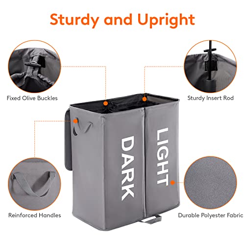 Lifewit 136L Double Laundry Hamper with Lid and Removable Laundry Bags, Large Divided Hamper, Collapsible 2 Section Laundry Basket with Handles for Bedroom, Bathroom, College Dorm, Laundry Room, Grey - color: Grey