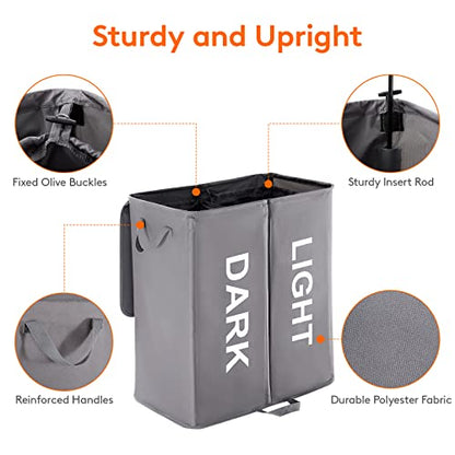 Lifewit 136L Double Laundry Hamper with Lid and Removable Laundry Bags, Large Divided Hamper, Collapsible 2 Section Laundry Basket with Handles for Bedroom, Bathroom, College Dorm, Laundry Room, Grey - color: Grey