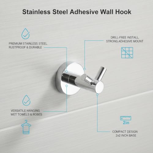 Wall Hook Stainless Steel Adhesive Mount for Bathroom Tile and Glass, Drill-Free Holder for Wet Towels and Robes (1 Piece) - size: 2.64 x 1.97 x 1.65 in
