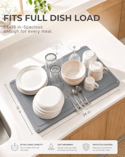 Diatomaceous Earth Dish Drying Mat, Counter, Dark Gray, 24x16 in | Food-grade diatomaceous earth, fast water absorption, 4 sturdy steel feet, doubles as bath or pet mat, dishes not included