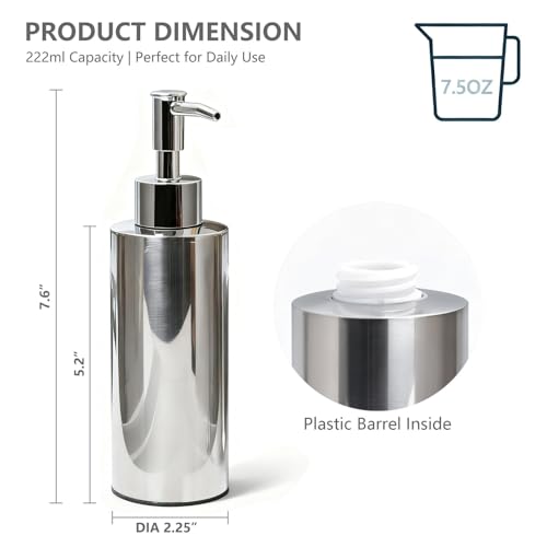 Stainless Steel Round Lotion Pump Dispenser (7.5OZ/220ML) | SUS304 soap dispenser which is suitable for kitchen and bathroom hand sanitizer and shower gel shampoo