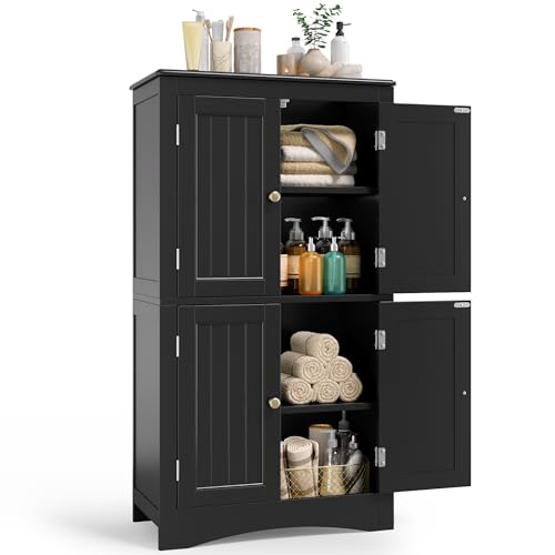 Gizoon Freestanding Floor Cabinet with Adjustable Shelves | Bathroom Storage Unit with 4 Doors, 43" Pantry Cabinet for Kitchen, Living Room, Entryway, Black - color: Black, size: 43"H
