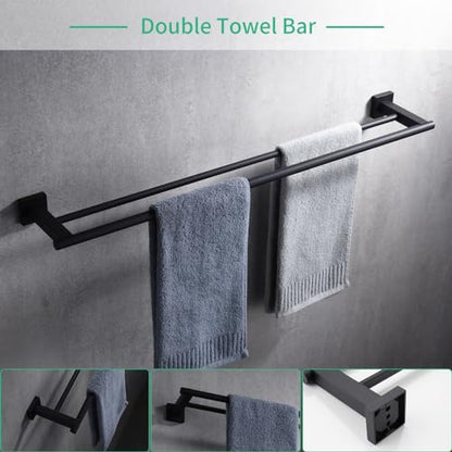 Miyili Matte Black 5-Piece Bathroom Hardware Kit Set Stainless Steel Wall Mount - Includes Double Towel Bar, Hand Towel Rack, Toilet Paper Holder, 2X Robe Hook, BS02B5 - color: Matte Black