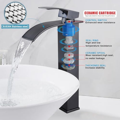 Midanya Waterfall Tall Bathroom Vessel Sink Faucet,Oil Rubbed Bronze | with 24” cUPC Water Hoses,Pop Up Drain without Overflow,for 1 hole Vanity,RV,Lavatory,Bowl,Farmhouse,SUS304,Single Handle - color: Bronze